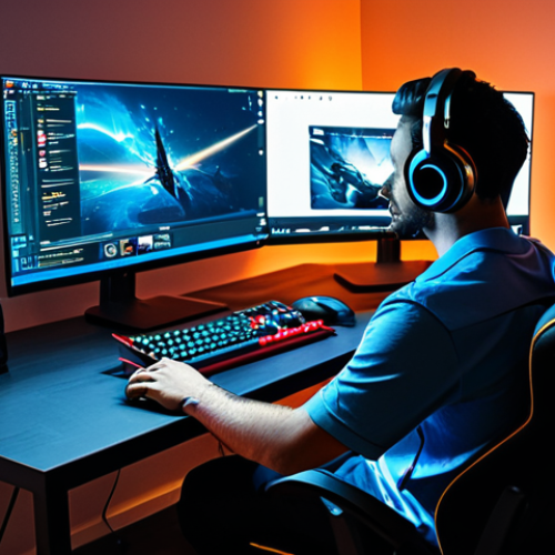 Home 8 A male professional gamer and streamer in a modern, high-tech gaming setup. He is sitting comfortably in an ergonomic gaming chair, fully clothed in a modest, professional gaming shirt and dark trousers, appropriate attire, professional dress. He is focused on a multi-monitor display, showcasing a high-performance PC tower with subtle ambient lighting, a high-quality condenser microphone, and professional gaming headphones. The scene features cinematic lighting, vibrant colors, and sharp focus, with a clean and organized desk. Perfect anatomy, correct proportions, natural pose, well-formed hands and natural body proportions. Safe for work, appropriate content, fully clothed, professional, modest clothing, family-friendly.