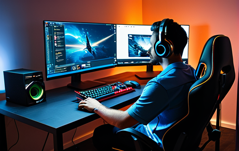 A male professional gamer and streamer in a modern, high-tech gaming setup. He is sitting comfortably in an ergonomic gaming chair, fully clothed in a modest, professional gaming shirt and dark trousers, appropriate attire, professional dress. He is focused on a multi-monitor display, showcasing a high-performance PC tower with subtle ambient lighting, a high-quality condenser microphone, and professional gaming headphones. The scene features cinematic lighting, vibrant colors, and sharp focus, with a clean and organized desk. Perfect anatomy, correct proportions, natural pose, well-formed hands and natural body proportions. Safe for work, appropriate content, fully clothed, professional, modest clothing, family-friendly.
