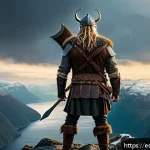 Home 15 오딘 발할라 라이징 스킬북 획득 방법 - A detailed scene of a Viking warrior standing on a rugged Nordic cliff at sunset, holding an ancient...