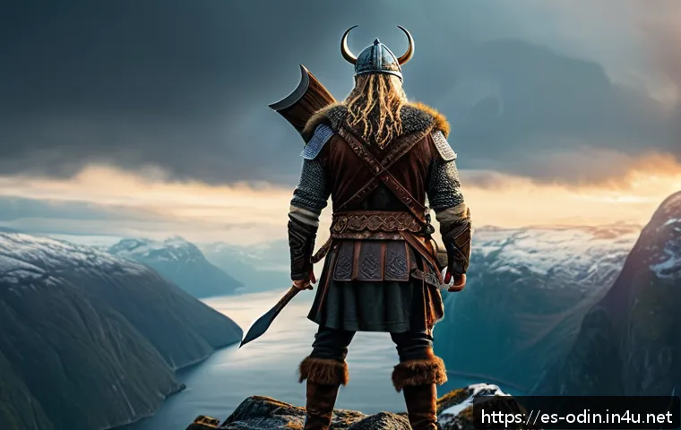 오딘 발할라 라이징 스킬북 획득 방법 - A detailed scene of a Viking warrior standing on a rugged Nordic cliff at sunset, holding an ancient...